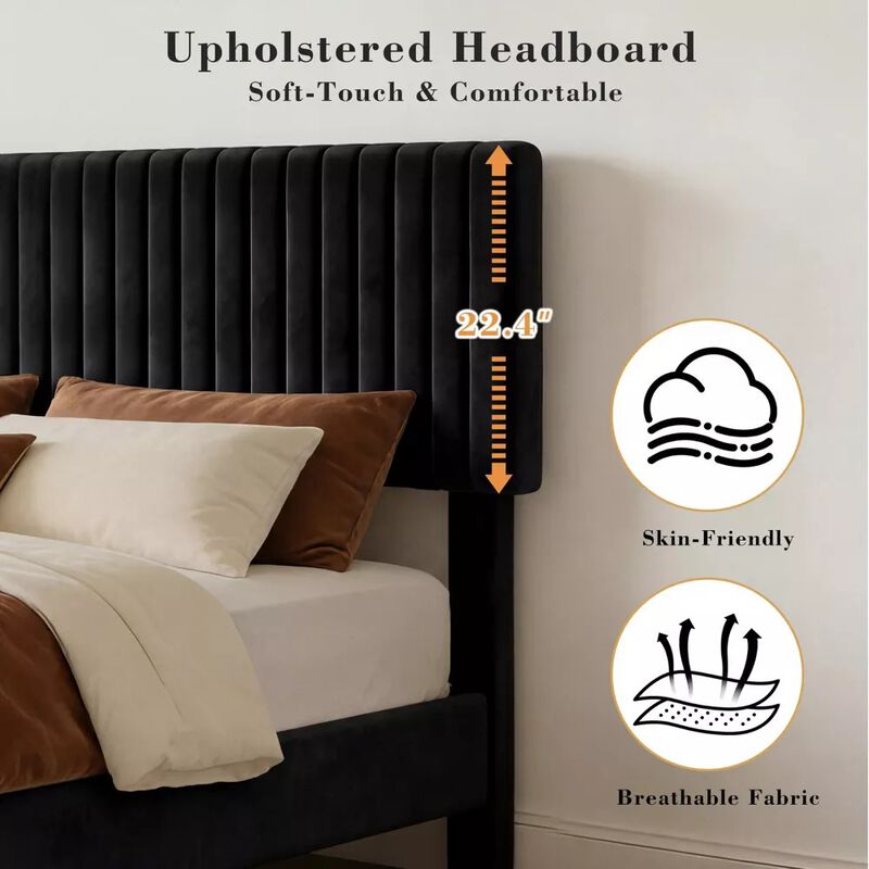 Vipbear Black Velvet Upholstered Platform Bed Frame with Headboard, Wood Slat Support, Easy Assembly image number 6