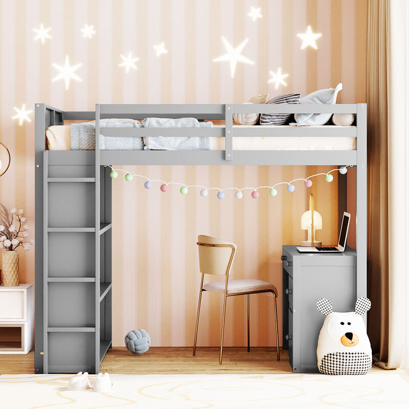 Loft Bed with Ladder Space-Saving Design with Built-In Shelves & Desk