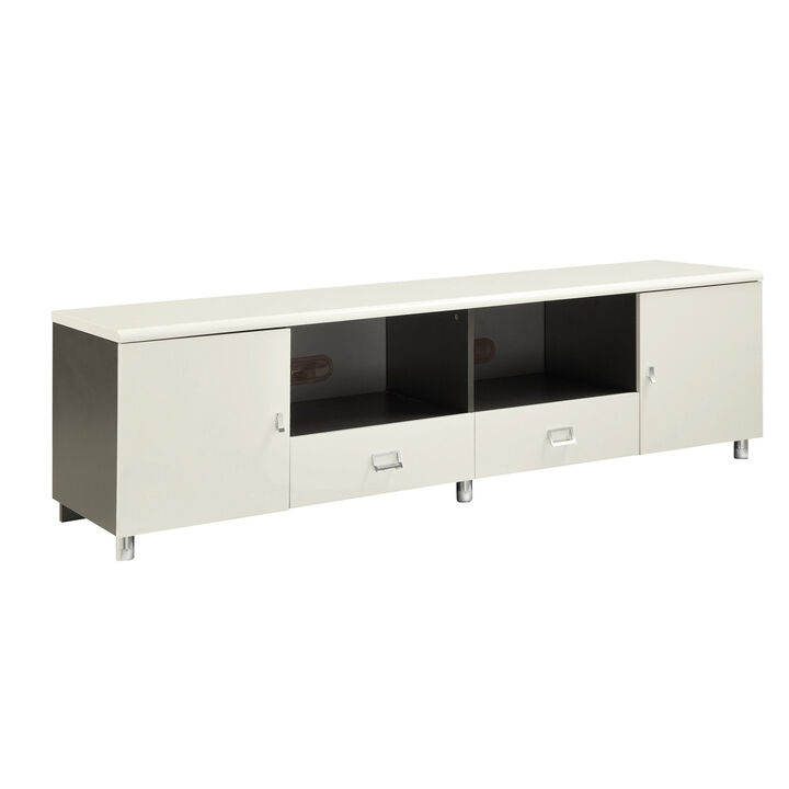 Contemporary 2 Drawer Wooden TV Console with 2 Open Shelves, White and Gray - Benzara