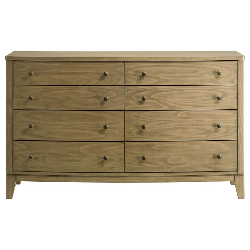 Heon Wide Dresser, 8 Drawers w Round Nickel Knobs, Natural Brown Pine - Benzara