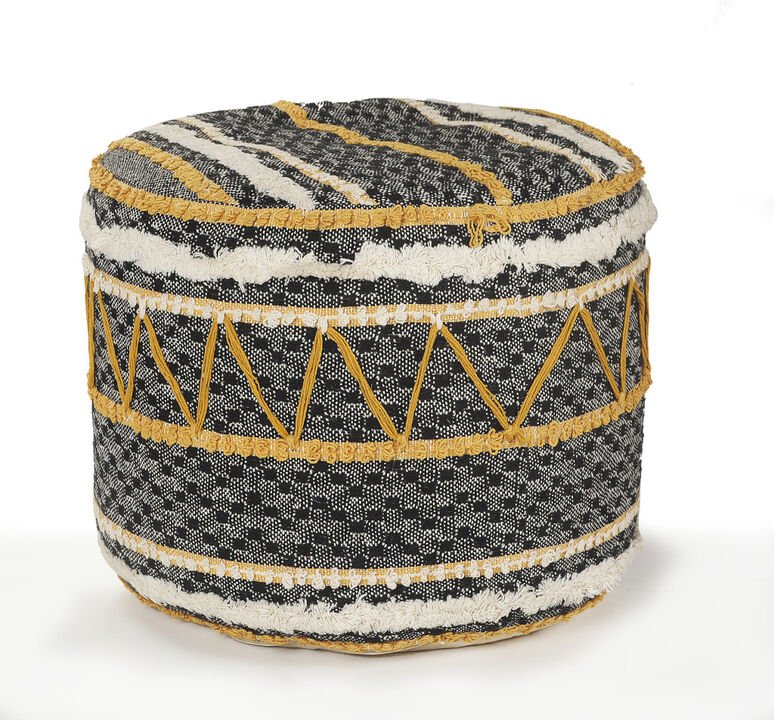 Hivvago 18 Inch Black Cotton Cylinder Striped Pouf Ottoman