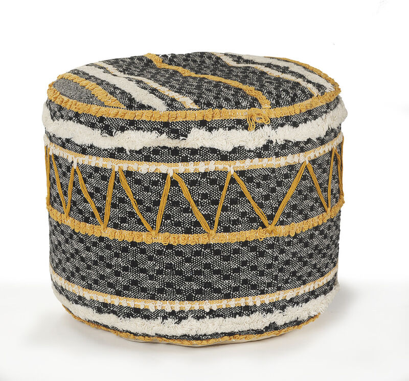 Hivvago 18 Inch Black Cotton Cylinder Striped Pouf Ottoman