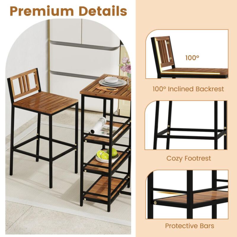 Hivvago 3 Pieces Outdoor Wood Bar Set with 3-Tier Storage Shelf and Metal Frame