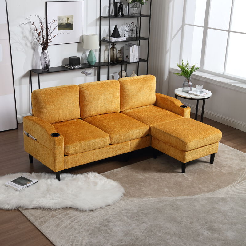 Sofa for three, solid wood frame, Chenille fabric, side pocket, with two cup holders, footstool with storage sofa