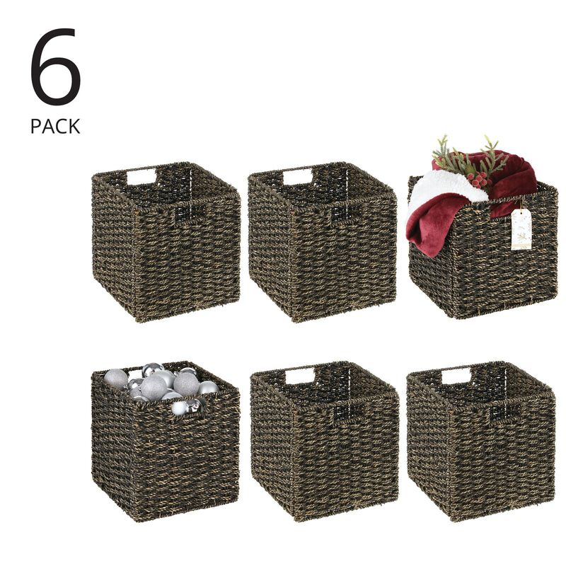 mDesign Seagrass Woven Cube Bin Basket Organizer, Handles, 4 Pack, Black Wash image number 3