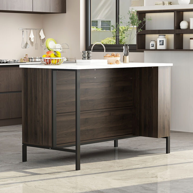 Stationary Kitchen Island with 2 Drawers & Open Shelves, Kitchen Island Table with Metal Legs, Bar Table Island Table Brown and Marble White (55.1&rdquo;W x 30&rdquo;D x 36&rdquo;H)
