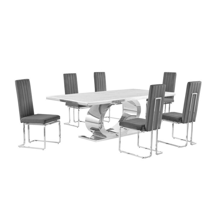 Best Quality Furniture 7pc Large(87) marble top dining set with silver base and 6 Dark grey chairs
