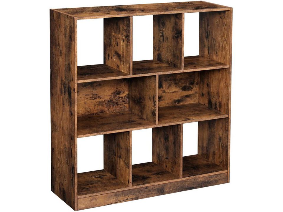 6 Open Shelves Wooden Bookcase with 2 Compartments, Rustic Brown - Benzara