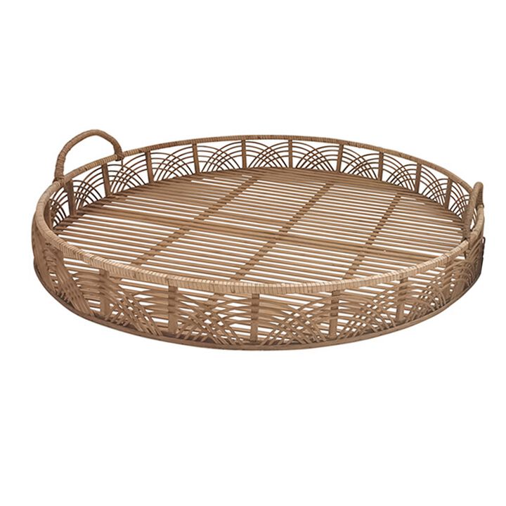 Round Shaped Bamboo Tray with Curved Handle, Set of 2, Brown - Benzara