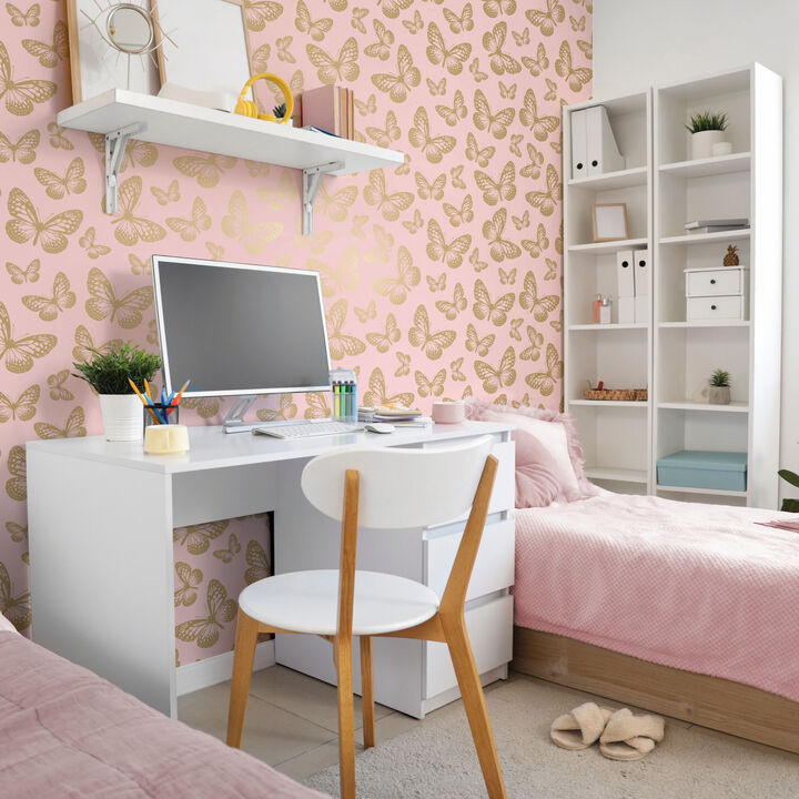 Metallic Butterflies Pink Whimsical Wallpaper