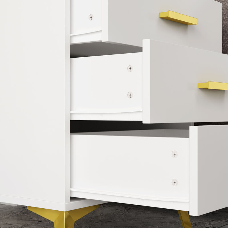 Modern Nightstand with 3 Storage Drawers & Gold Metal Legs, Minimalist and Versatile Bedside Table Sofa End Side Table, White (19.7" W x 15.7" D x 23.6" H)