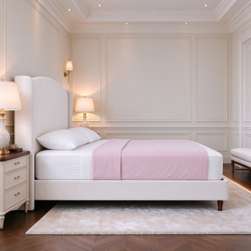 Queen Wingback Upholstered Bed with 54" Camelback Headboard, Ivory Textured Fabric image number 9