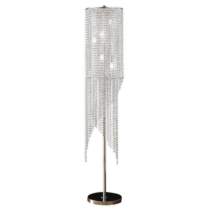 Mindy 62 Inch Floor Lamp, Crystal Raindrops Design, Metal, Clear Finish-Benzara