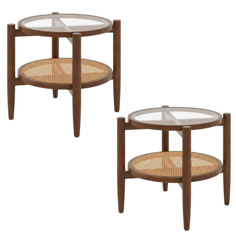 Set of 2 Woven Rattan Round Side Tables with Tempered Glass Tabletop for Home Decor-Walnut image number 0