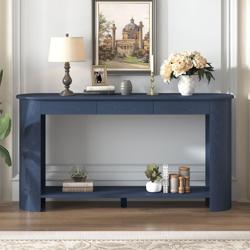 Whisen 59.8" Console Table, Modern Farmhouse with 3 Drawers & Shelf, Oak Veneer Sofa Table for Entryway Living Room Hallway image number 3