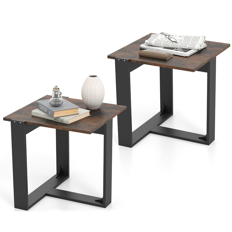 Set of 2 Industrial Style End Table with Durable Metal Frame-Rustic Brown image number 4