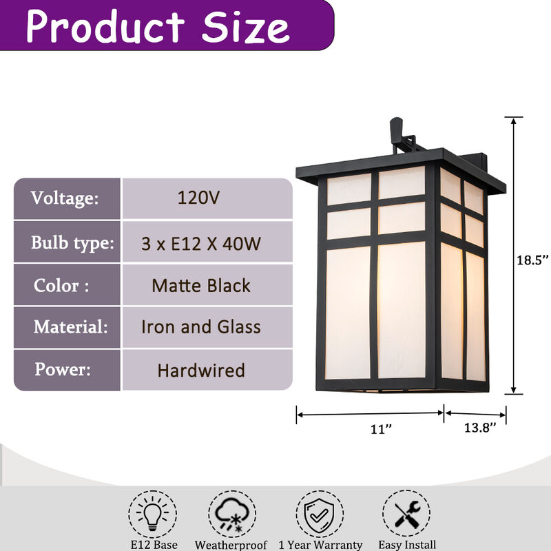 3-Light H18 in Large Modern Farmhouse Black Outdoor Wall Lantern With Frosted Glass Exterior Wall Light for Garage Entryway Porch image number 6