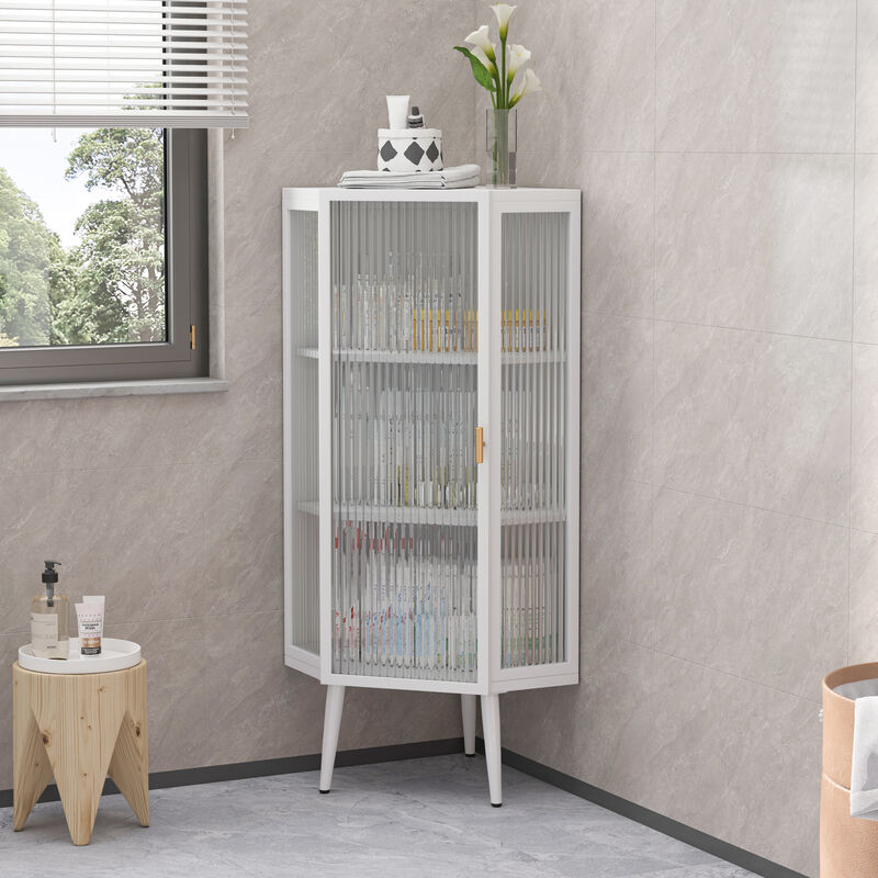 Floor Coner Cabinet with Tempered Glass Doors and Storage Shelves for Bathroom, Living Room and Bedroom