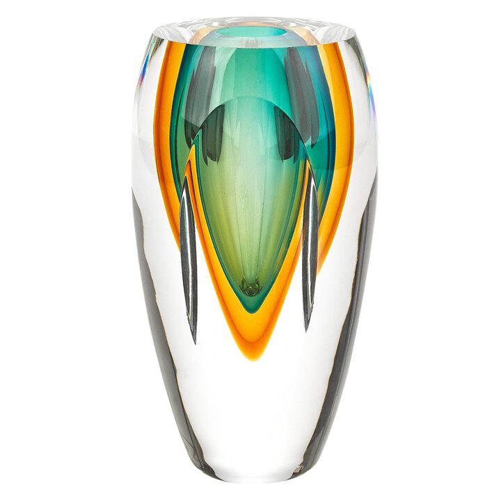 HomeRoots 6" Clear Amber and Green Abstract Murano Glass Table Vase