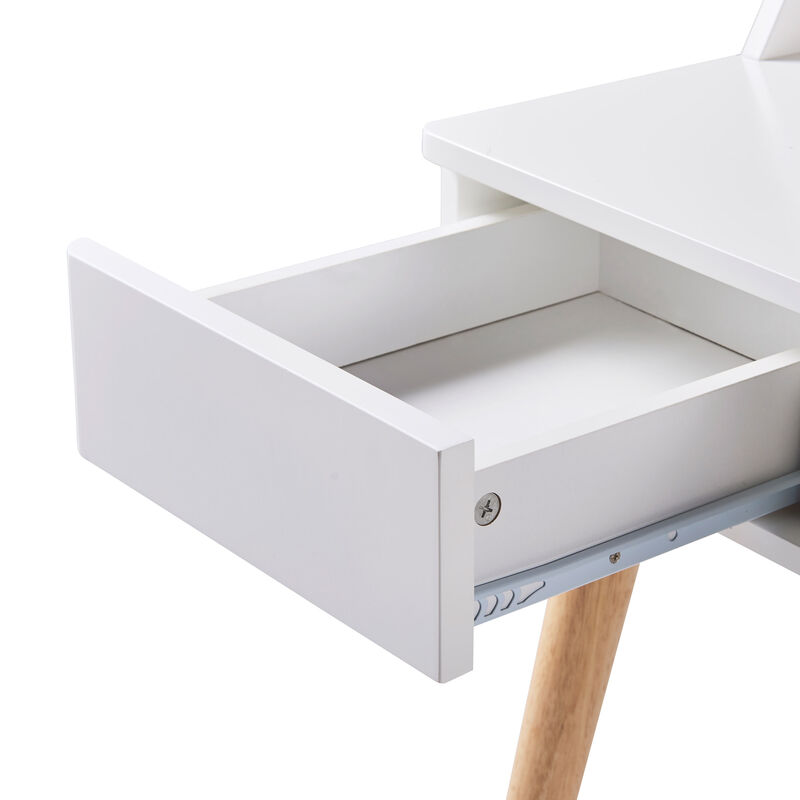 Teamson Writing Desk with Hutch, Drawers, Flip Drawer, Cubbies, Cable Opening, White MDF & Natural Wood Legs, Compact Office Desk for Home, Creativo Collection image number 7