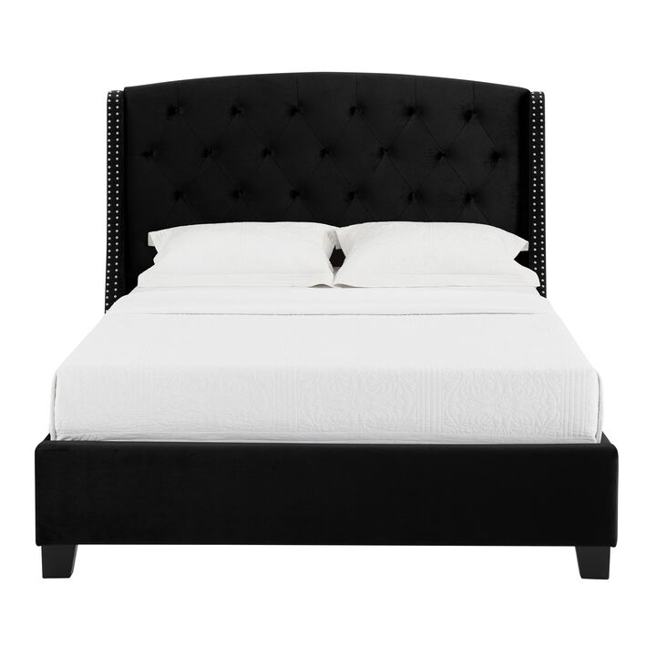 Benjara James King Size Bed, Platform Style, Button Tufted Black Velvet Upholstery