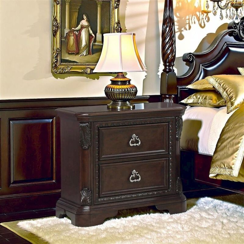 FurniFact 2 Drawer Cherry Nightstand, Dark Wood Bedside Table with Details image number 3