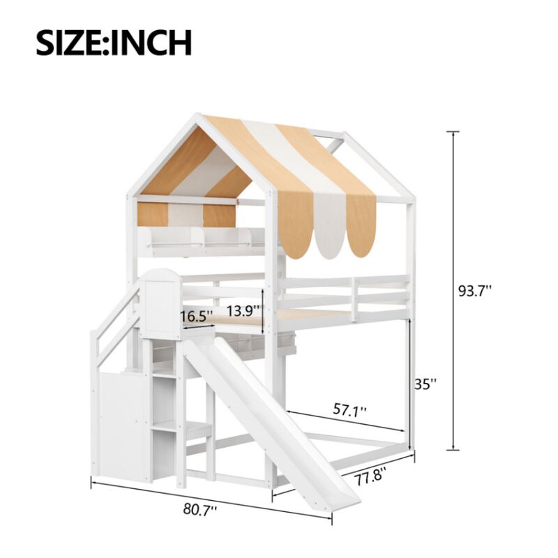 Merax Full Size White Loft Bed with Playhouse Canopy, Slide & Built-In Bookshelves image number 4