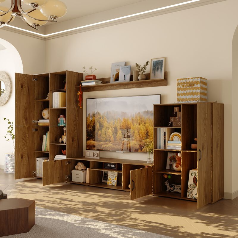 FUFU&GAGA Entertainment Wall Unit with TV Console, Floating Shelf, Glass Doors, Natural Wood Finish (126"W x 70.9"H x 15.7"D),Brown