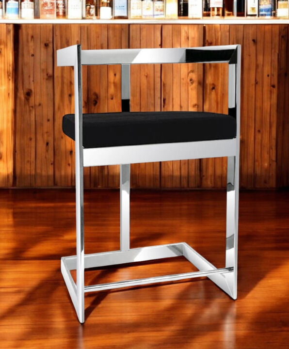 HomeRoots 30" Black and Silver Velvet and Stainless Steel Low Back Bar Height Bar Chair