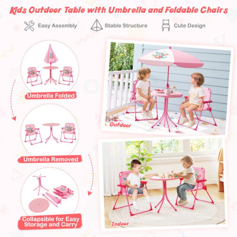 Hivvago 4 Pieces Kids Picnic Set with 2 Folding Chairs and Height Adjustable Umbrella