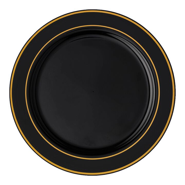 10.25" Black with Gold Edge Rim Plastic Dinner Plates (120 Plates)