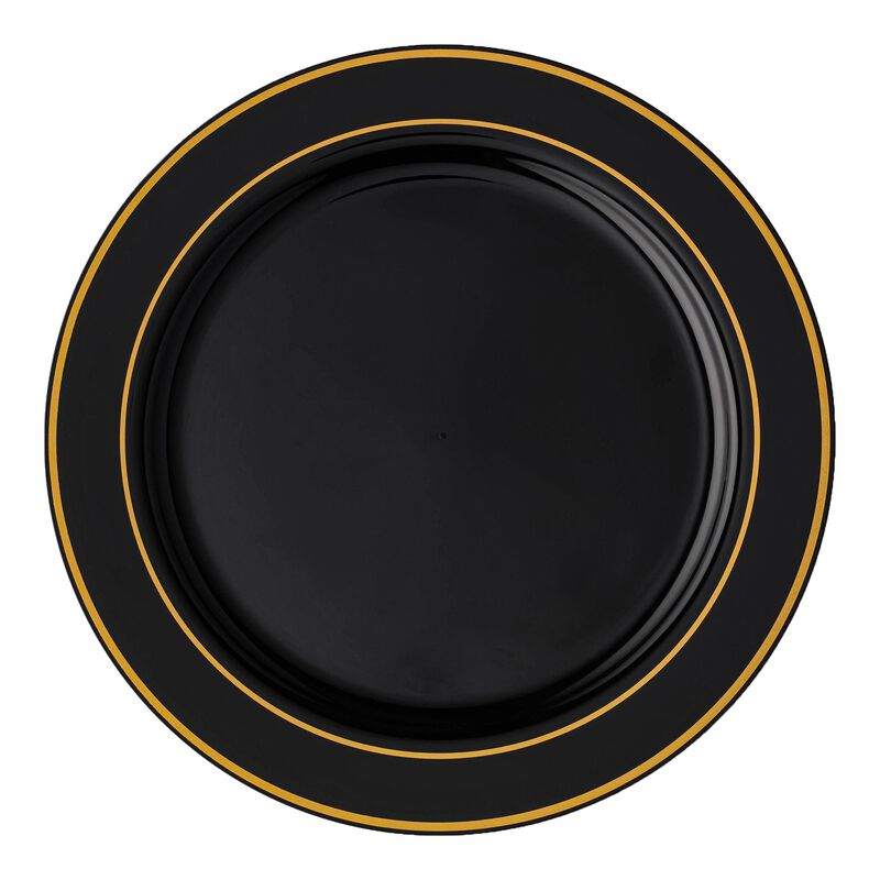 10.25" Black with Gold Edge Rim Plastic Dinner Plates (120 Plates) image number 0