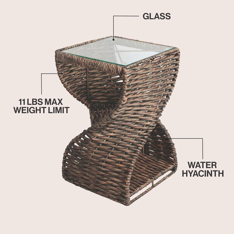 Suraya Coastal Bohemian Handwoven Water Hyacinth Sculptural Twisted End Table with Glass Top and Storage Shelf image number 2