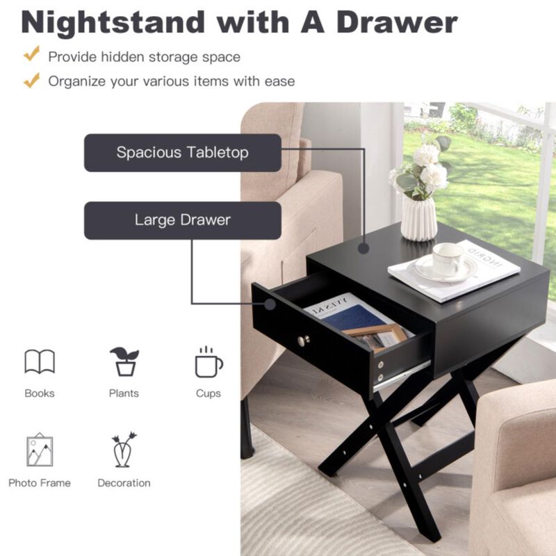 Modern X-Shaped Nightstand with Drawer for Living Room Bedroom