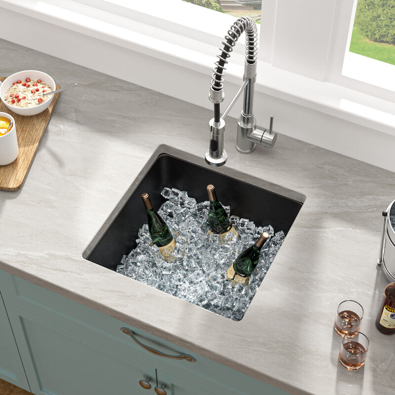 17 in. Black Quartz Composite Undermount Kitchen Sink Single Bowl Prep Bar Basin Round Corner with Bottom Grid image number 3