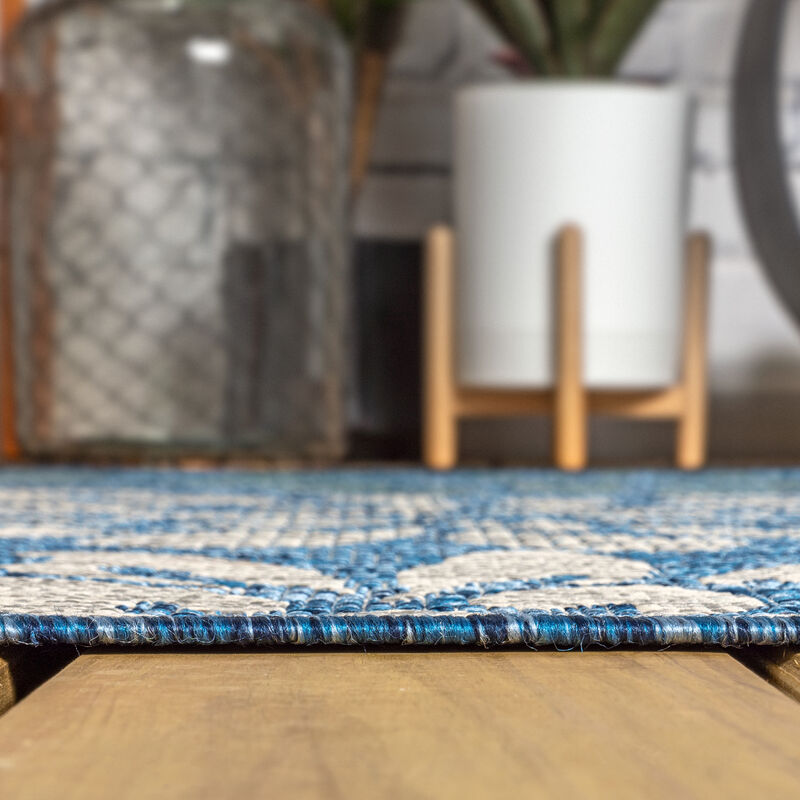 Zinnia Modern Floral Textured Weave Navy/Aqua. Indoor/Outdoor Runner Rug