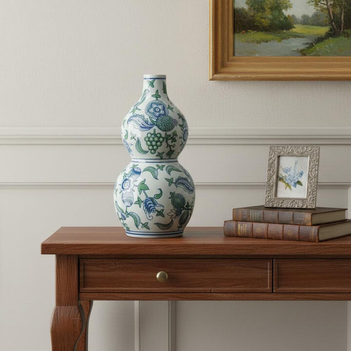 HomeRoots 13" White Blue And Green Chinoiserie Porcelain Wavy Gourd Table Vase