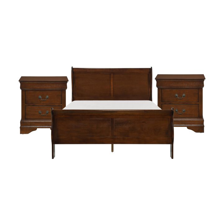 Queen Size Bedroom Set, Brown Finish, 3-Piece Set with Bed and Two Nightstands