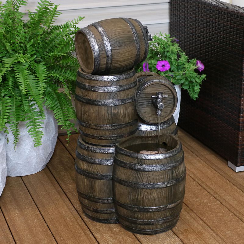 Sunnydaze Stacked Rustic Barrel Water Fountain with LED Lights - 29 in image number 2
