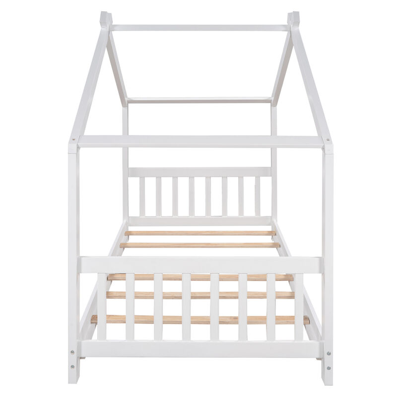 Twin Size House Platform Bed with Headboard and Footboard, Roof Design