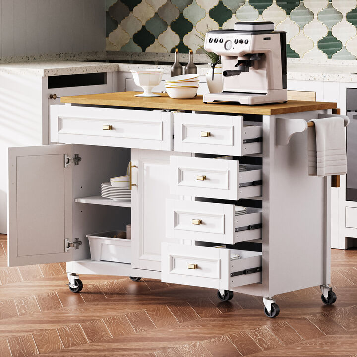 Whisen 52" Kitchen Island with Drop Leaf, 5 Drawers & 2 Doors, MDF & Oak Veneer, Retro Farmhouse Style for Kitchen