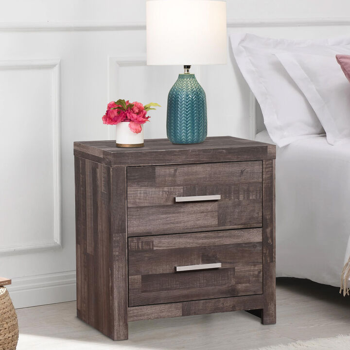 Nightstand with Rough Hewn Saw Texture and Panel Base, Rustic Gray-Benzara