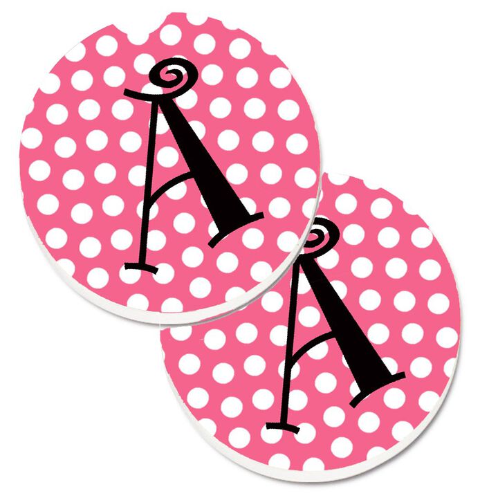 Caroline's Treasures Letter A Monogram - Pink black Polka Dots Set of 2 Cup Holder Car Coasters CJ1001-ACARC, 2.56, Multicolor