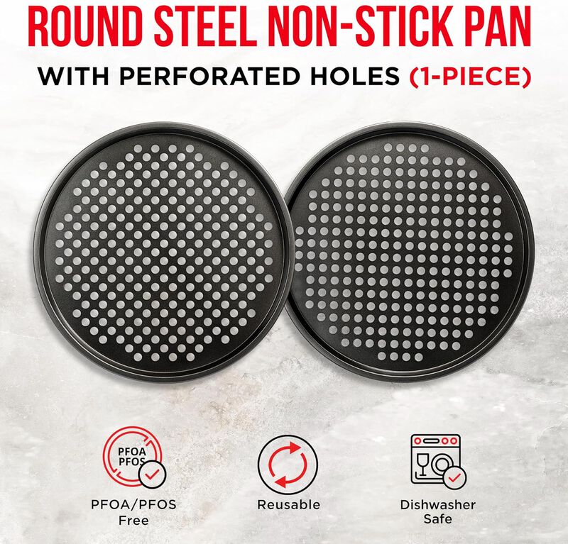 BAKKENMASTER Bakken- Swiss Non-Stick Pizza Pan with Holes - 13-Inch Perforated Pizza Crisper Carbon Steel Pizza Pan - 2 Round Pizza Trays - PFOA PFOS and PTFE Free
