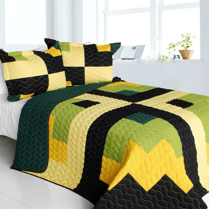 3PC Patchwork Quilt Bedding Set with Vermicelli Stitching Design