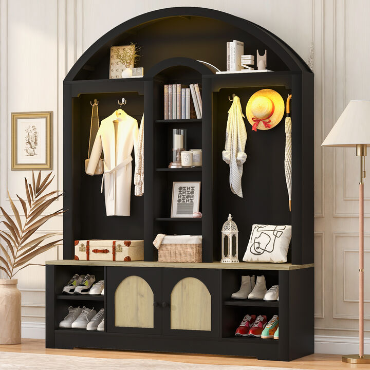 Merax Curved Two-Tone Hall Cabinet with Hooks, Shelves & Shoe Storage &ndash; Scandinavian Design