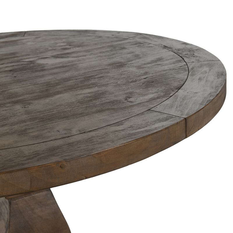 Round Reclaimed Wood Dining Table with Trestle Base, Weathered Brown - Benzara