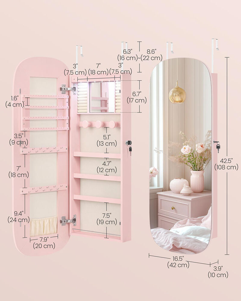 LED Jewelry Armoire Wall Door Mounted Jelly Pink White Lining image number 2