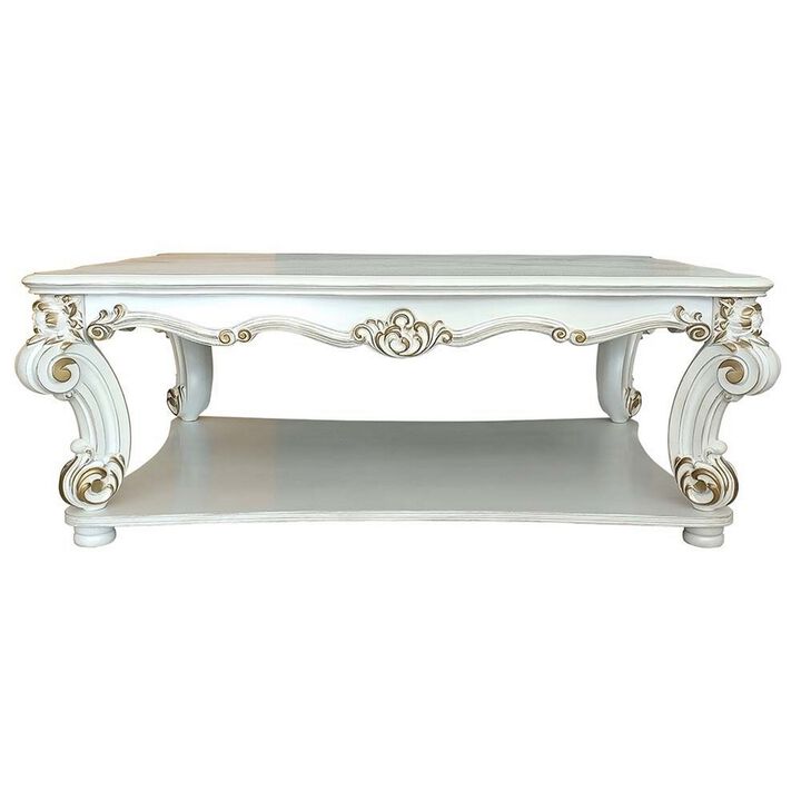 Jess 58 Inch Coffee Table, Traditional Scrolled Legs, White, Brushed Gold  - Benzara