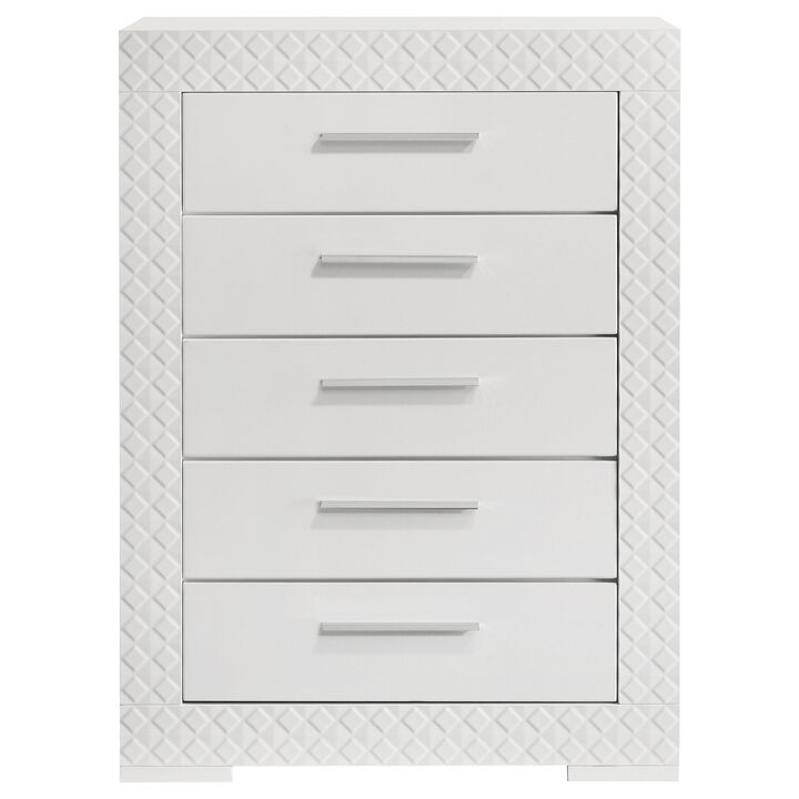 Ivon Tall Dresser Chest, 5 Drawers, Modern Glossy White Solid Hardwood - Benzara